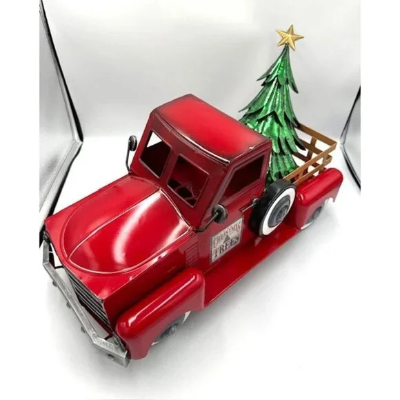 NEW Red Metal Vintage-style Christmas Truck w/Tree Decor - Picture 3 of 6